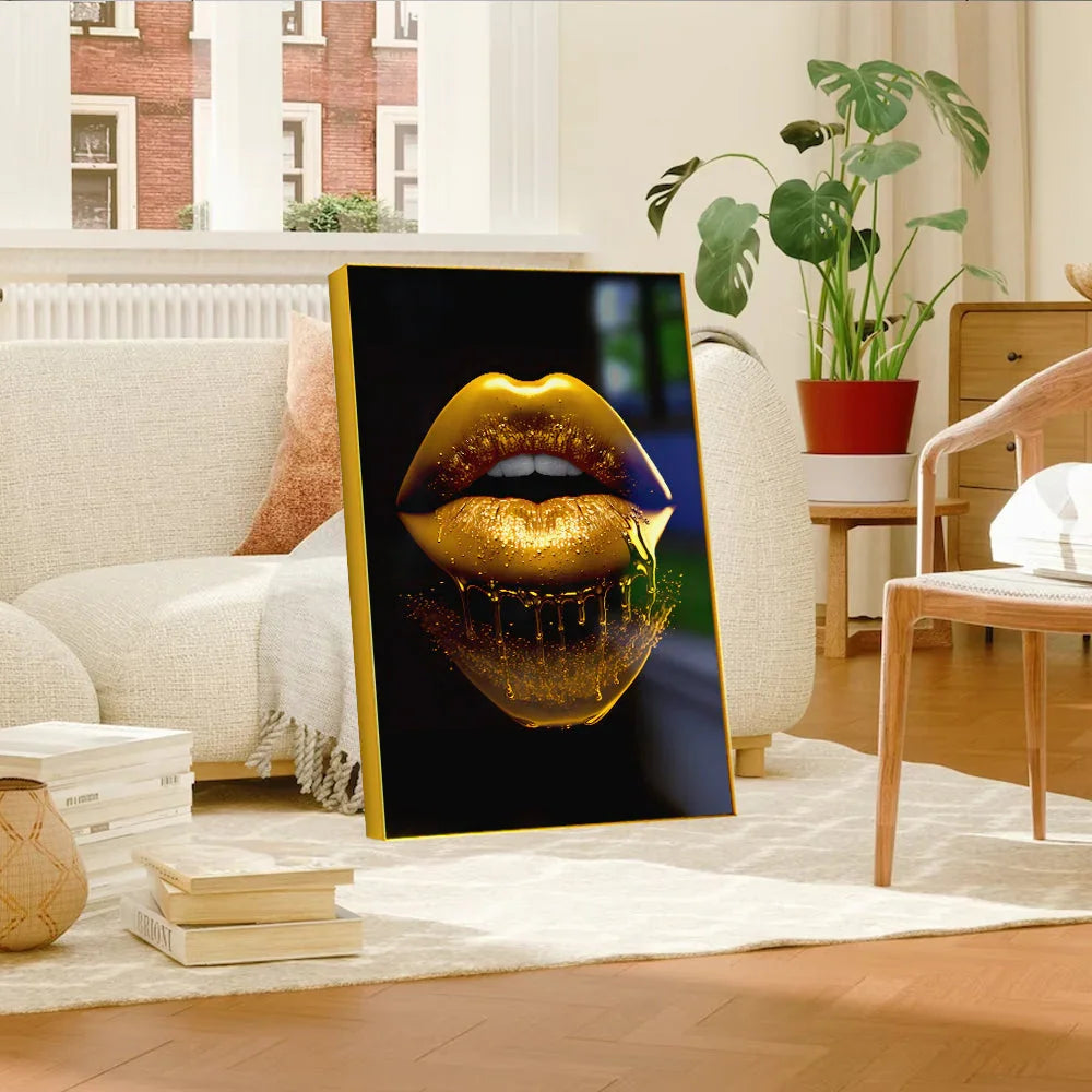 Sleek and Stylish Golden Lips: Modern Acrylic Wall Paintings for a Chic Décor - All India Decor