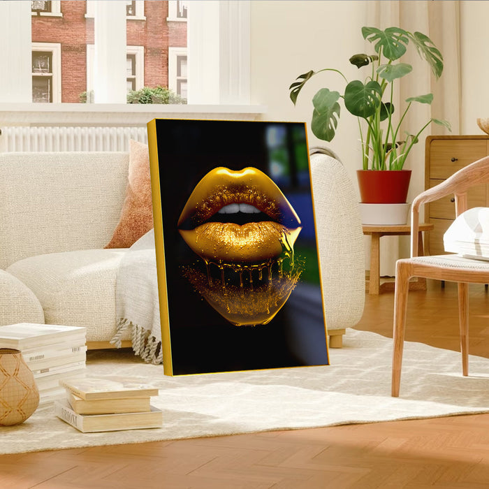 Sleek and Stylish Golden Lips: Modern Acrylic Wall Paintings for a Chic Décor