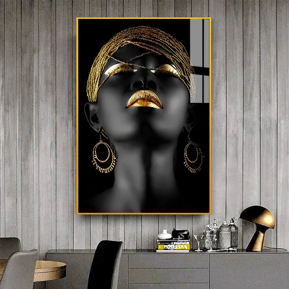 Beautiful Black and Gold African Woman Fantastic Make Up Face Acrylic Wall Paintings - All India Decor