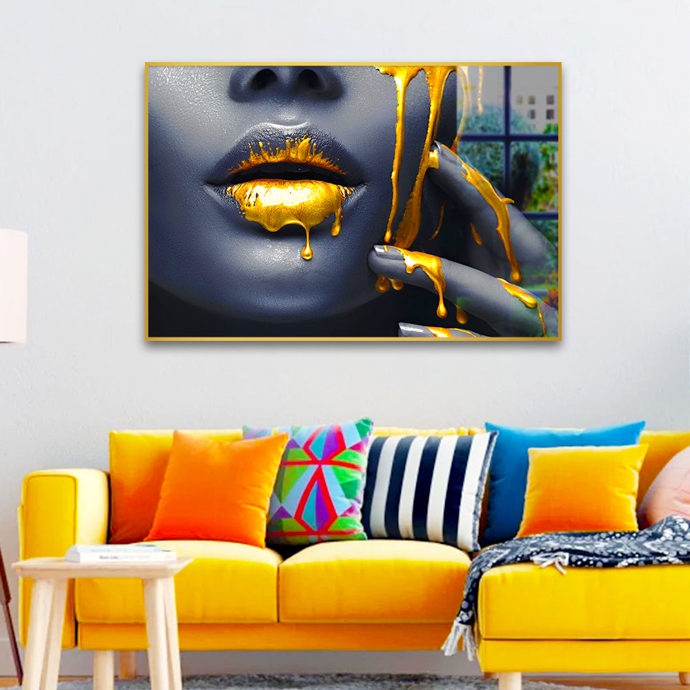 Women Lips Gold Drip Poster Fashion Girl Artwork Acrylic Wall Paintings