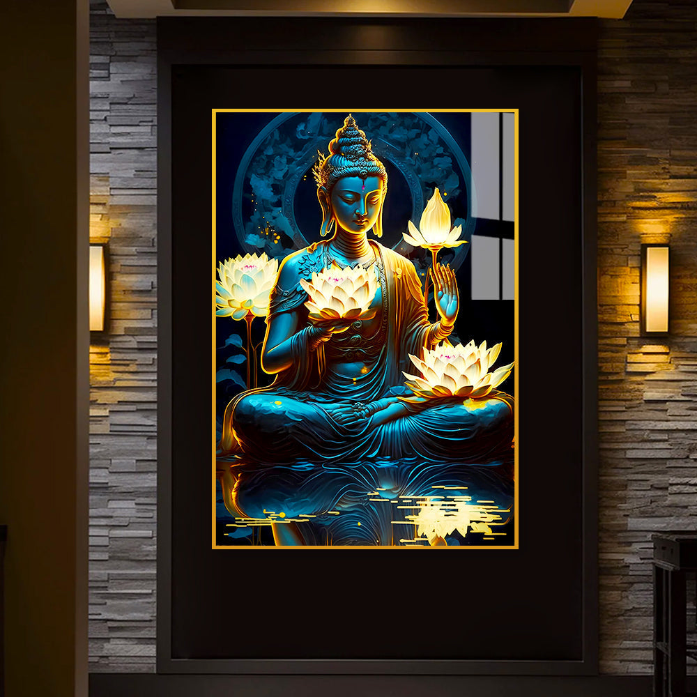 Beautiful Meditation Gautam Buddha Lotus Flower in Hand Acrylic Wall Paintings & Arts