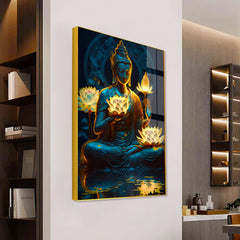 Beautiful Meditation Gautam Buddha Lotus Flower in Hand Acrylic Wall Paintings & Arts