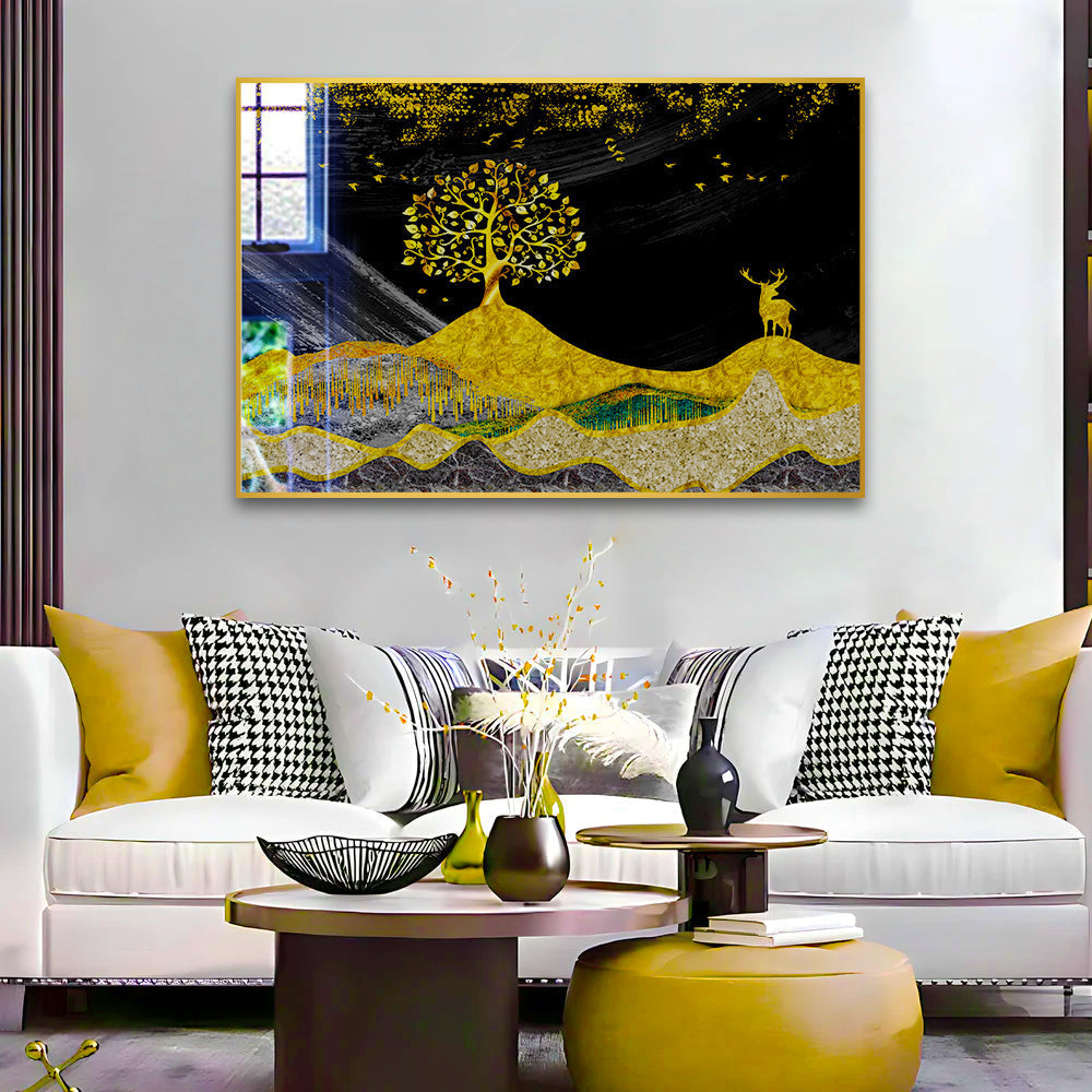 Beautiful Golden Tree With Deer Acrylic Wall Paintings & Arts