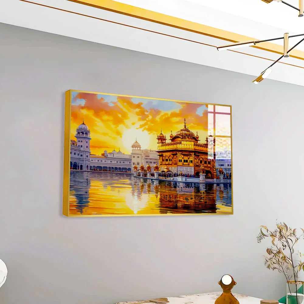 Beautiful Premium Golden Temple With Sunrise Acrylic Wall Paintings & Arts - All India Decor