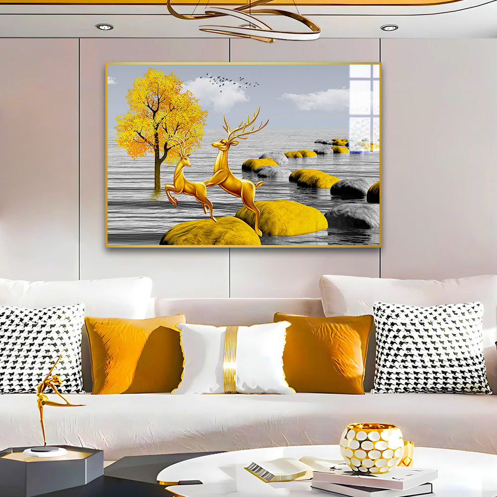 Beautiful Premium Golden Deer Running Acrylic Wall Paintings & Arts