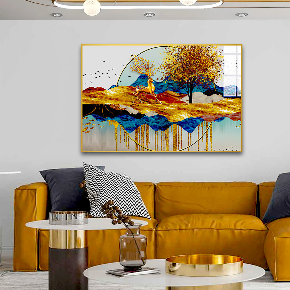 Beautiful Premium Golden Tree With Deer Running Acrylic Wall Paintings & Arts