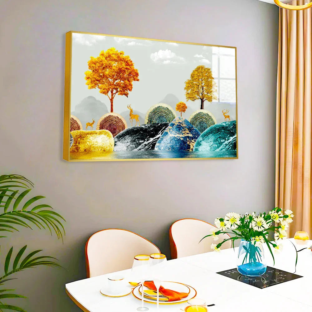 Radiant Arboreal Reverie Golden Trees Floating Framed Acrylic Wall Paintings & Arts - All India Decor