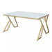 Rectangular table with a white marble top and beige metal legs on a white background
