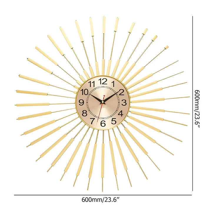 gold Decorative wall clock with sunburst design and measurements on a white background