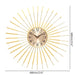 gold Decorative wall clock with sunburst design and measurements on a white background