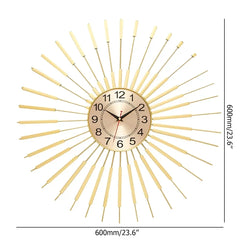 gold Decorative wall clock with sunburst design and measurements on a white background