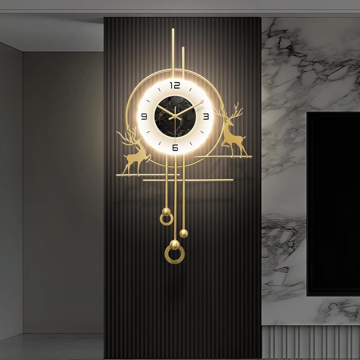 Decorative wall clock with gold accents on a dark background