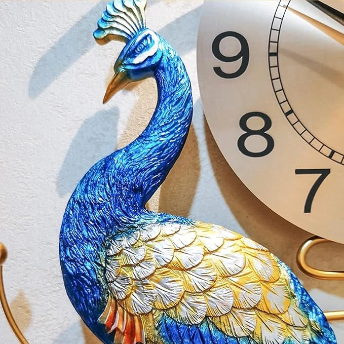 Decorative peacock wall clock with a gold frame on a light background