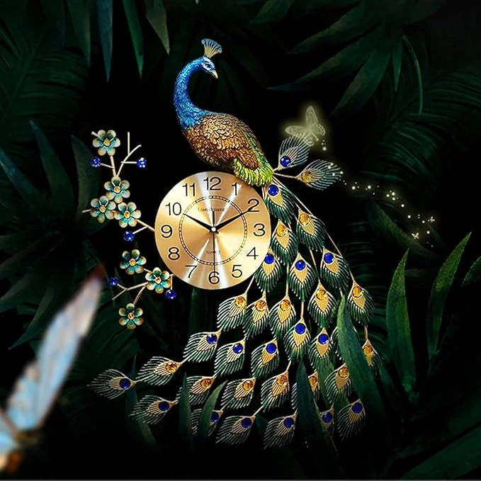 Decorative clock with a peacock design on a dark background
