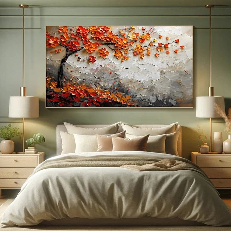 Vibrant Orange Blossom Tree Canvas Painting, Textured Wall Art, Large Canvas Art, Modern Abstract Painting, Autumn Tree Art - All India Decor