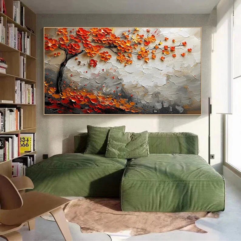 Vibrant Orange Blossom Tree Canvas Painting, Textured Wall Art, Large Canvas Art, Modern Abstract Painting, Autumn Tree Art - All India Decor