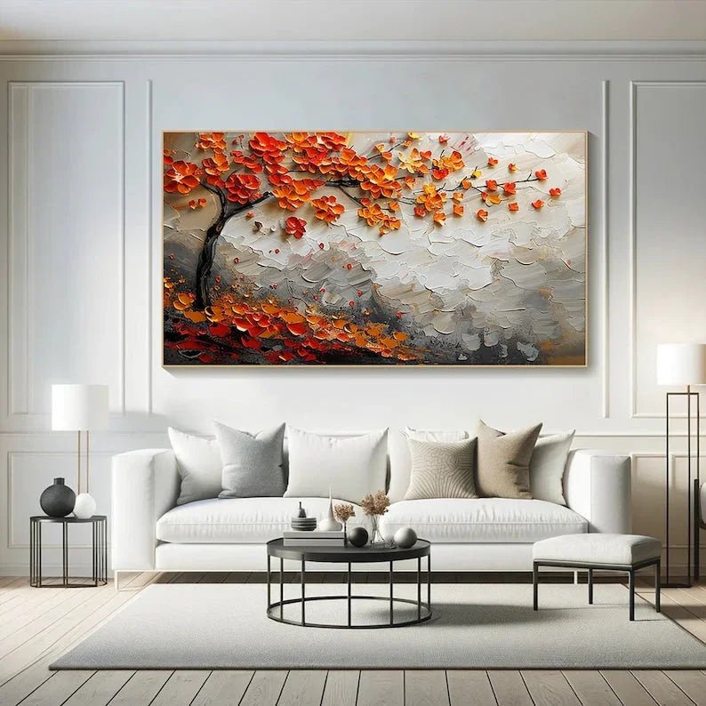 Vibrant Orange Blossom Tree Canvas Painting, Textured Wall Art, Large Canvas Art, Modern Abstract Painting, Autumn Tree Art - All India Decor