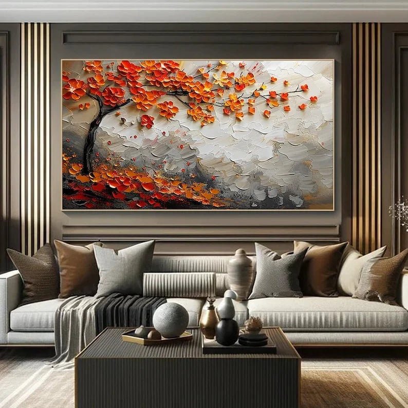 Vibrant Orange Blossom Tree Canvas Painting, Textured Wall Art, Large Canvas Art, Modern Abstract Painting, Autumn Tree Art - All India Decor