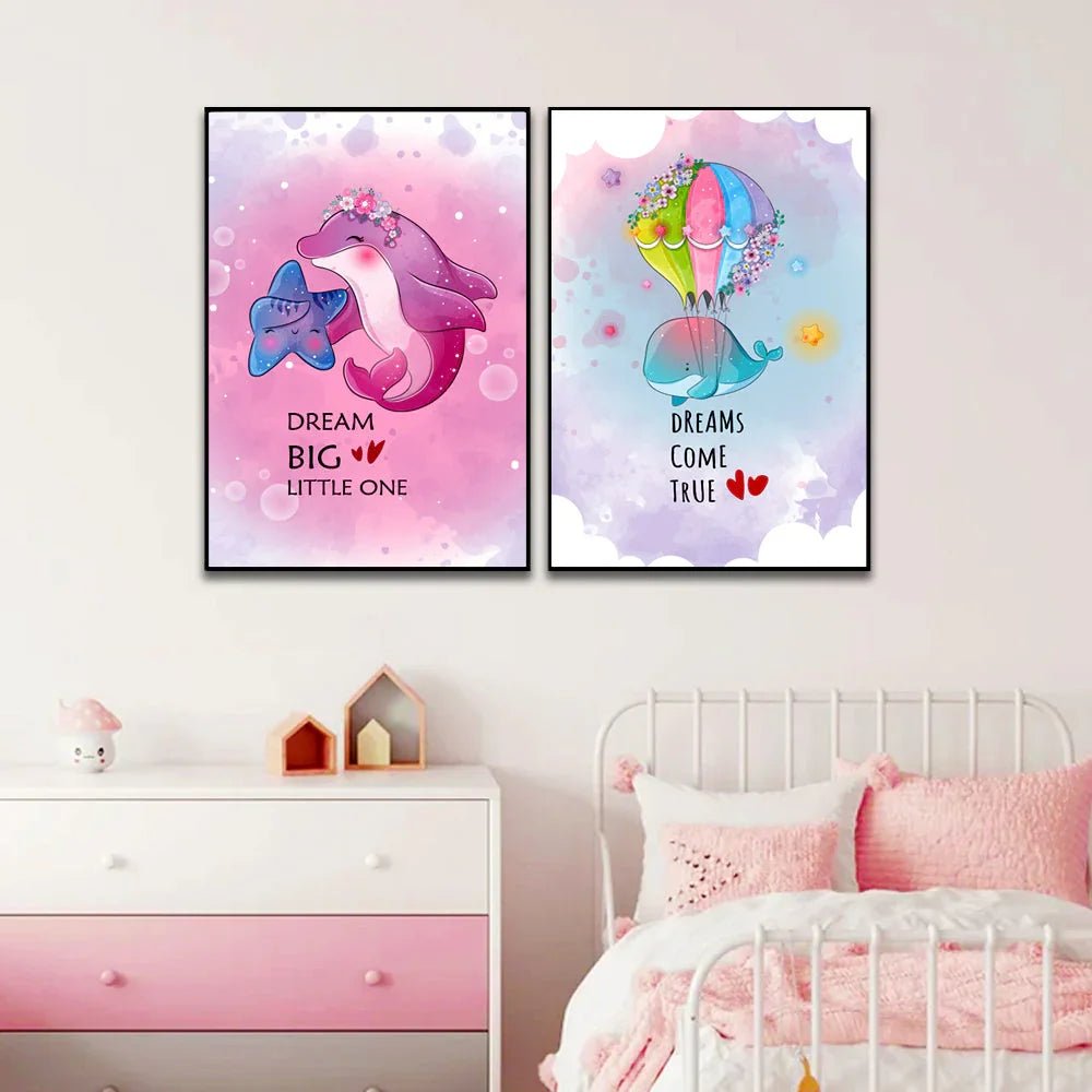 Cute Animal Dolphin With Starfish And Stingray Happy Flying Frame Set Of 3 - All India Decor