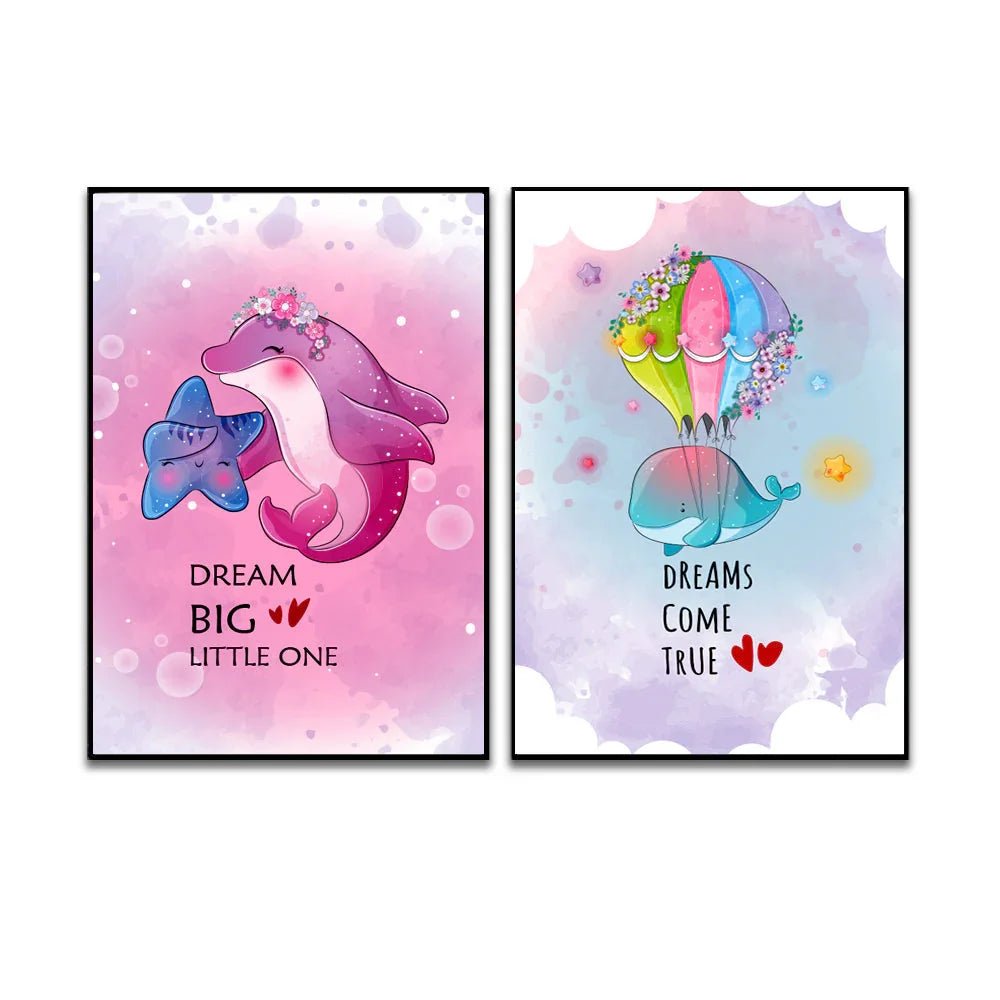 Cute Animal Dolphin With Starfish And Stingray Happy Flying Frame Set Of 3 - All India Decor