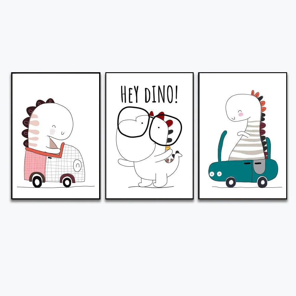 Flat Cute Animal Collection Dino On Car Wall Décor Set of 3 - All India Decor