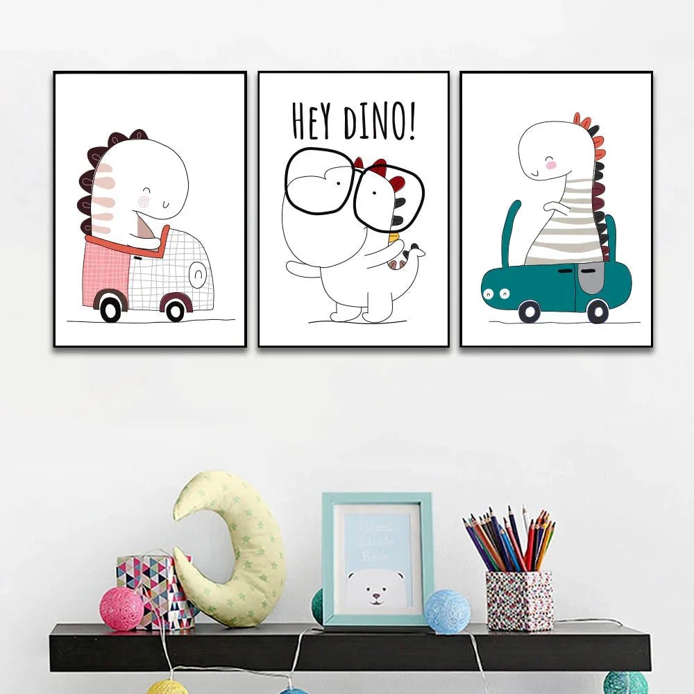 Flat Cute Animal Collection Dino On Car Wall Décor Set of 3 - All India Decor