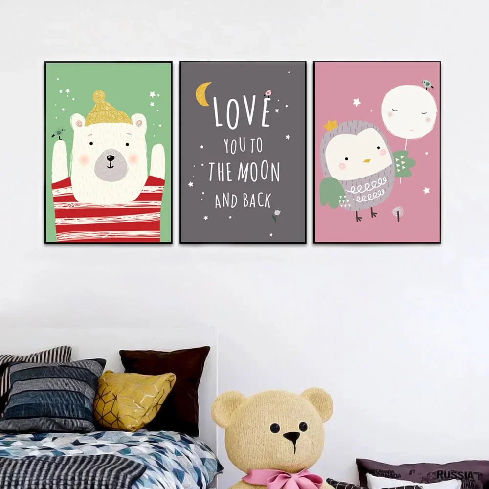 Baby Bear &amp; Owl Kids Room Wall Frame Set of 3 - All India Decor