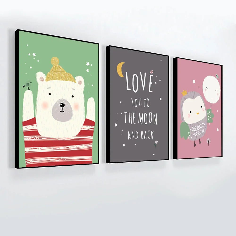 Baby Bear &amp; Owl Kids Room Wall Frame Set of 3 - All India Decor