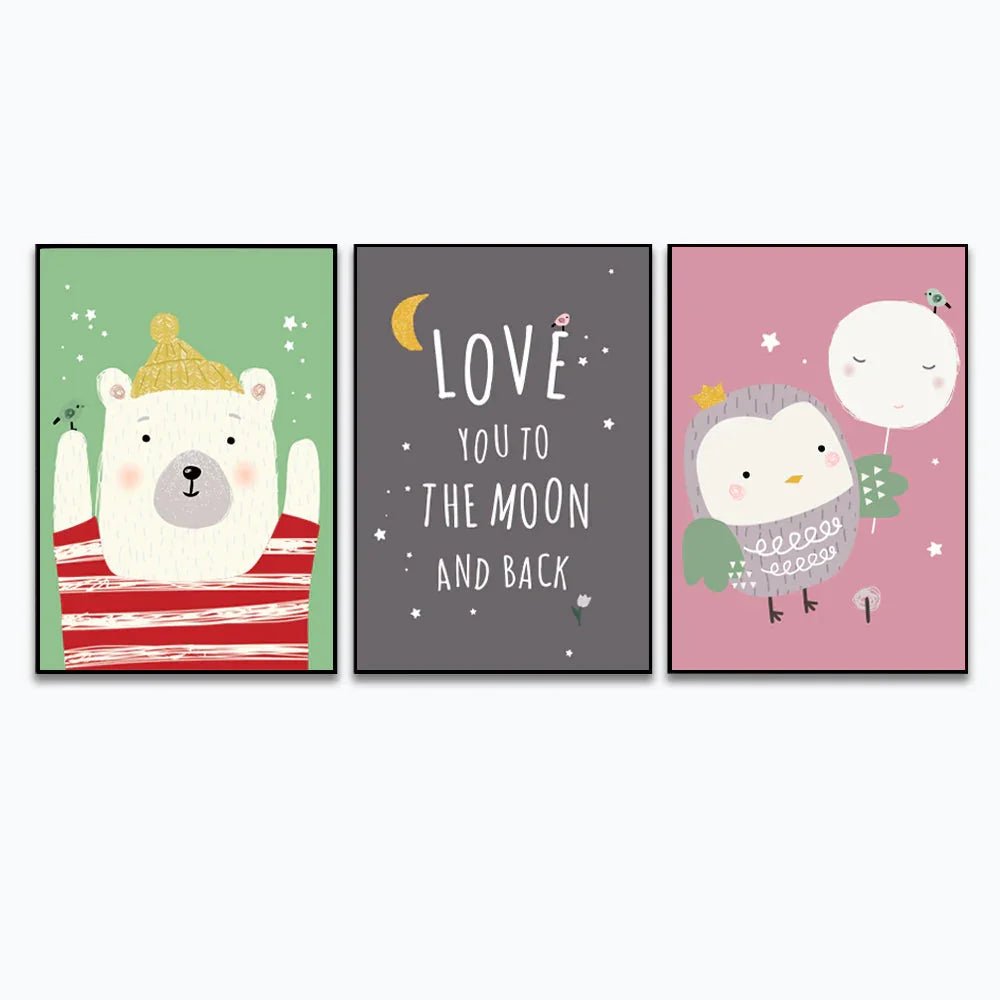 Baby Bear &amp; Owl Kids Room Wall Frame Set of 3 - All India Decor