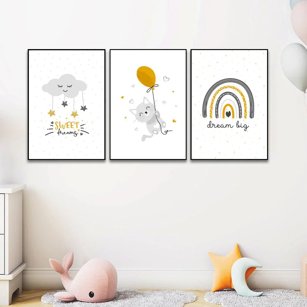 Baby Boy Sun And Rainbow. Baby Boy Room Wall Art Frame Set Of 3 - All India Decor