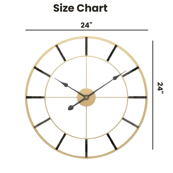 Wall clock size chart with dimensions on a white background