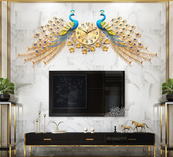 dual peacock design wall clock on a wall