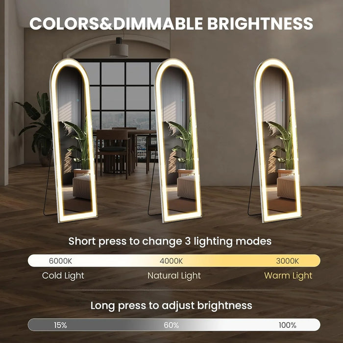 Three illuminated standing mirrors with a dining room background, displaying color and brightness options.