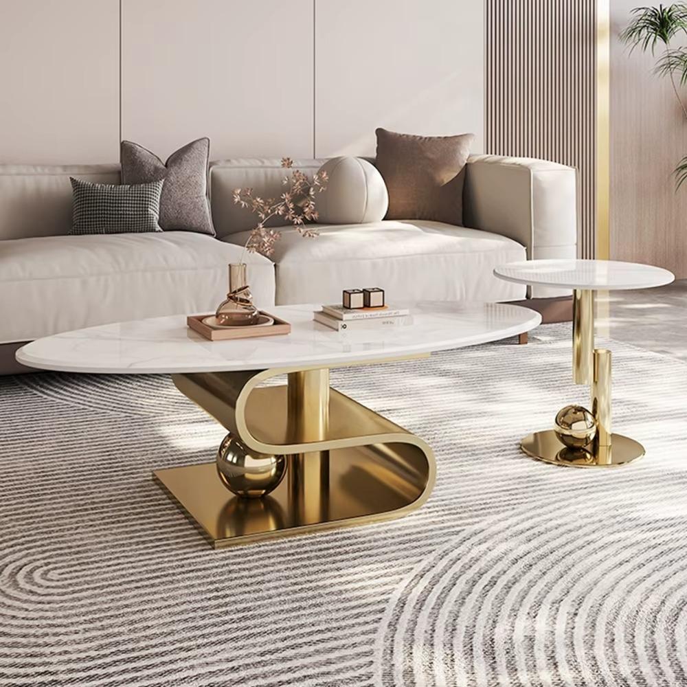 Modern living room with a stylish sofa, coffee table, and side table.