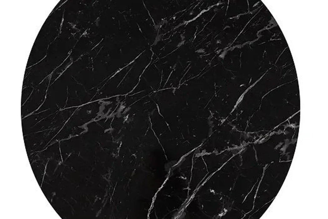 Round black marble coaster with gray veins on a white background