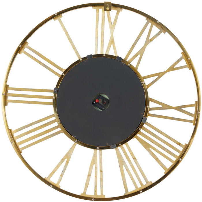 Large round wall clock with gold metallic Roman numeral design on a white background