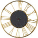 Large round wall clock with gold metallic Roman numeral design on a white background