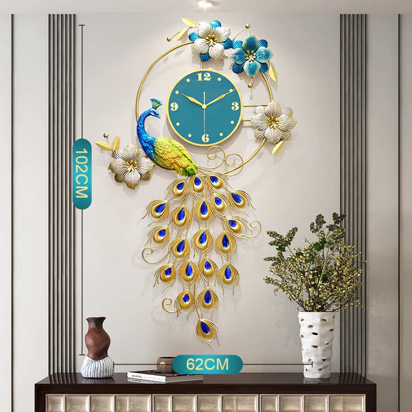 Decorative wall clock with peacock design on a wall