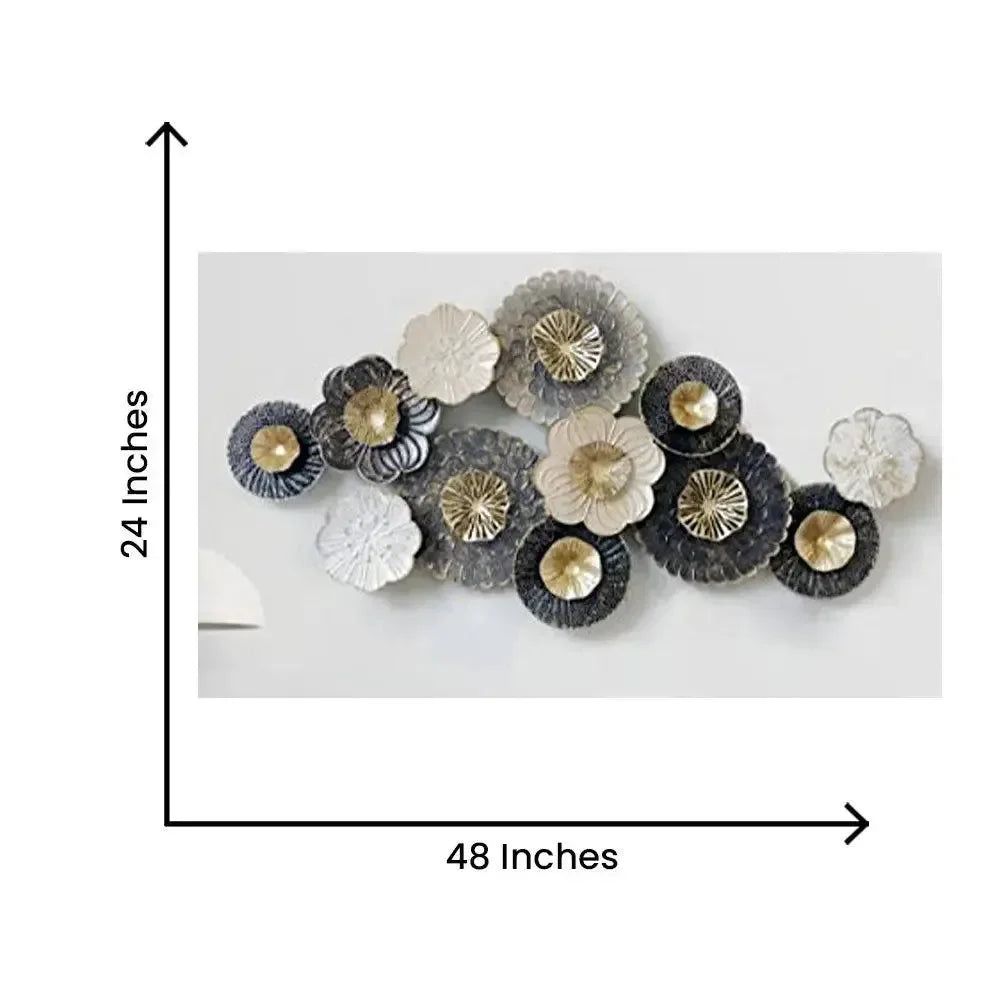 Decorative wall art with flowers on a white background, showing dimensions.