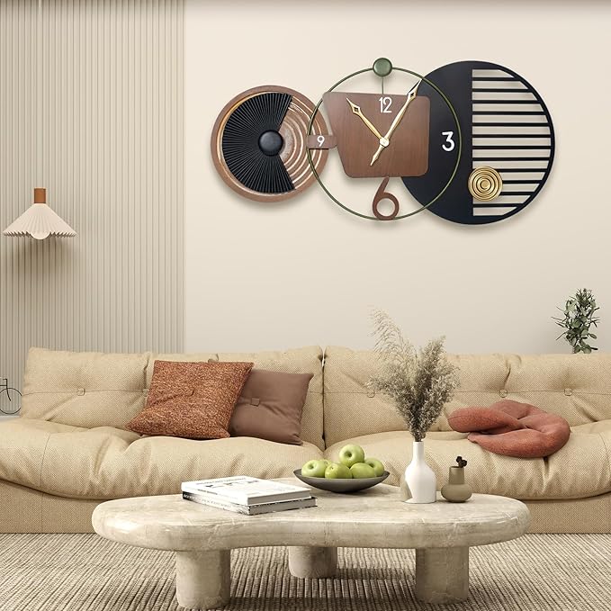 Modern wall clock with decorative design in a living room setting
