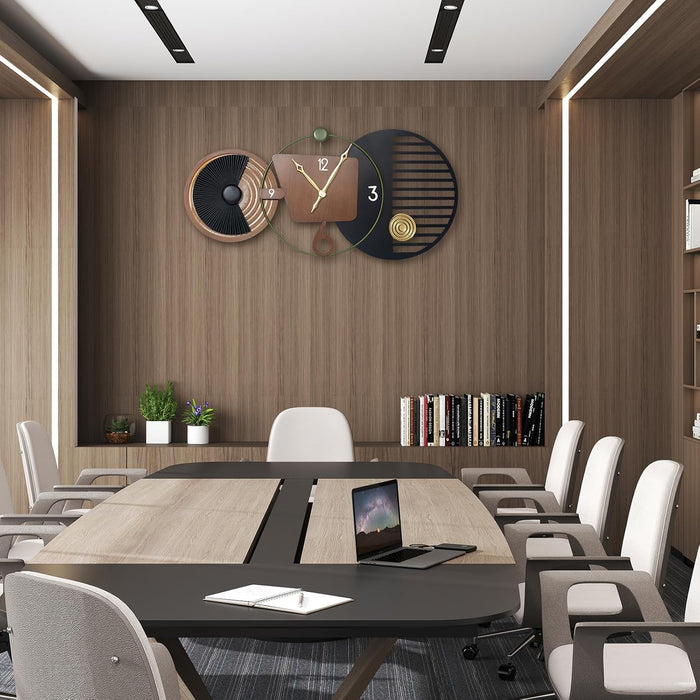 Modern conference room with wooden walls, a large table, chairs, and decorative wall clock.