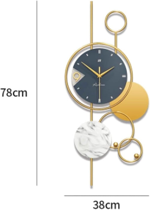 Decorative wall clock with gold and marble design, shown with dimensions on a white background.