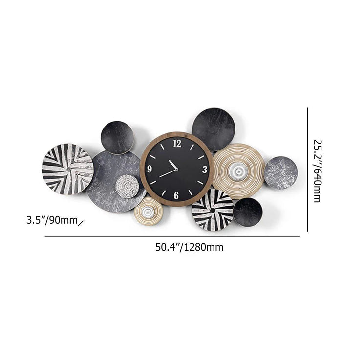 Decorative wall clock with circular design elements and measurements on a white background