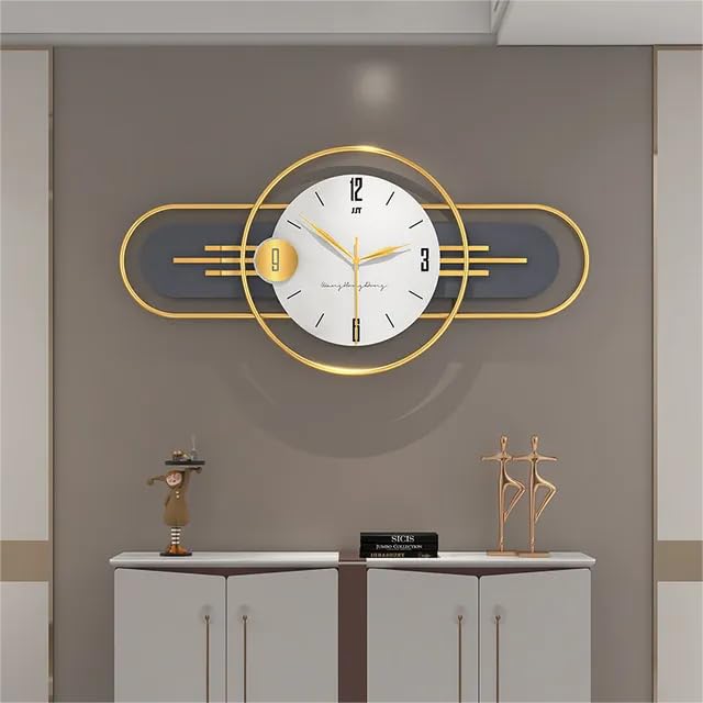 Decorative wall clock with gold frame and white face on a gray wall.