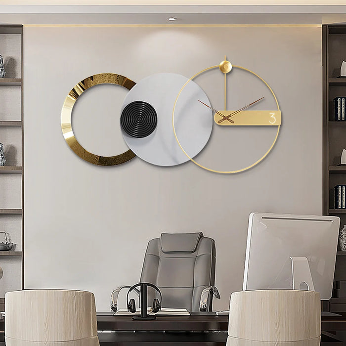 Modern office interior with a stylish wall clock and office furniture.