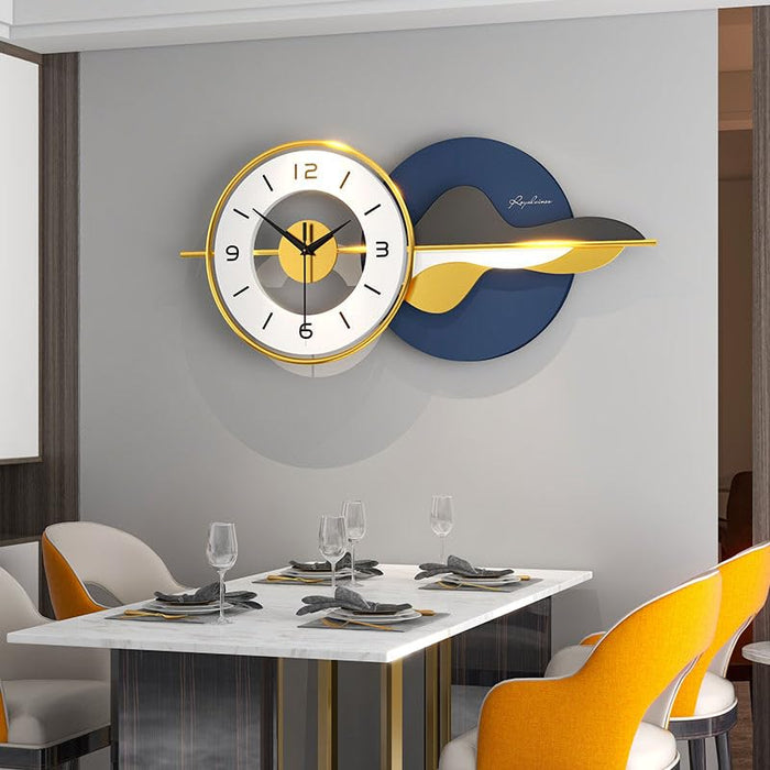 Modern wall clock with decorative design in a dining room setting