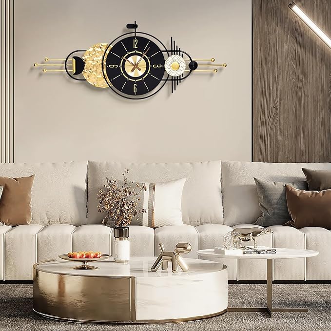 Modern living room with a stylish wall clock above a sofa