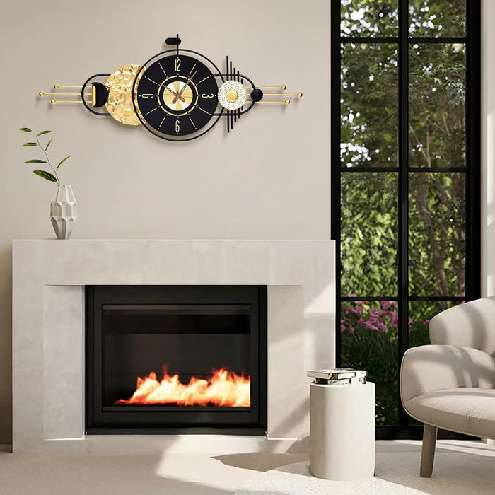 Modern fireplace with decorative clock above it in a well-lit room.