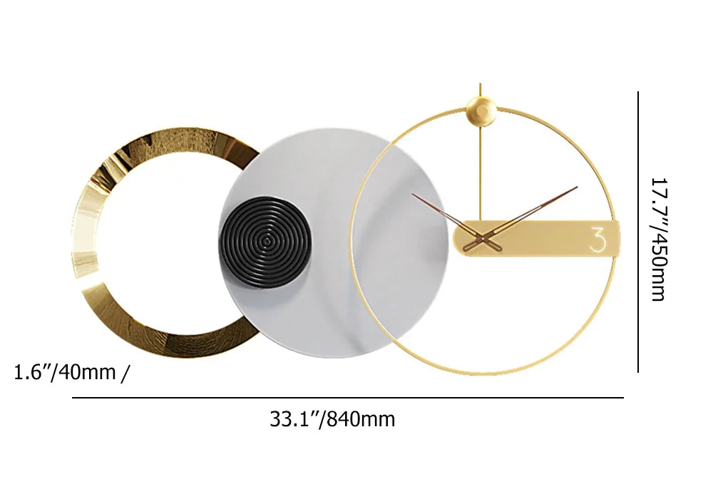 Modern wall clock with gold and white design, showing measurements on a white background.