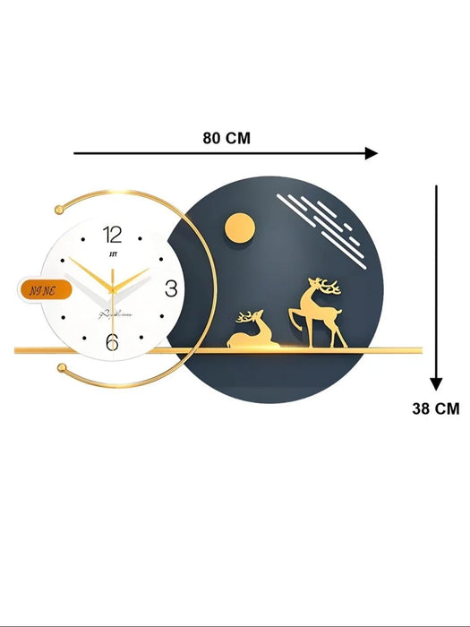 Wall clock with deer design and measurements on a white background